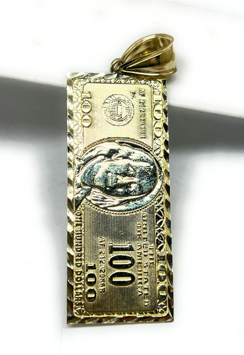 Gold Money Hundred Dollar Pendant bill buy SOLID real 10K Luck Hip Hop 1.50”