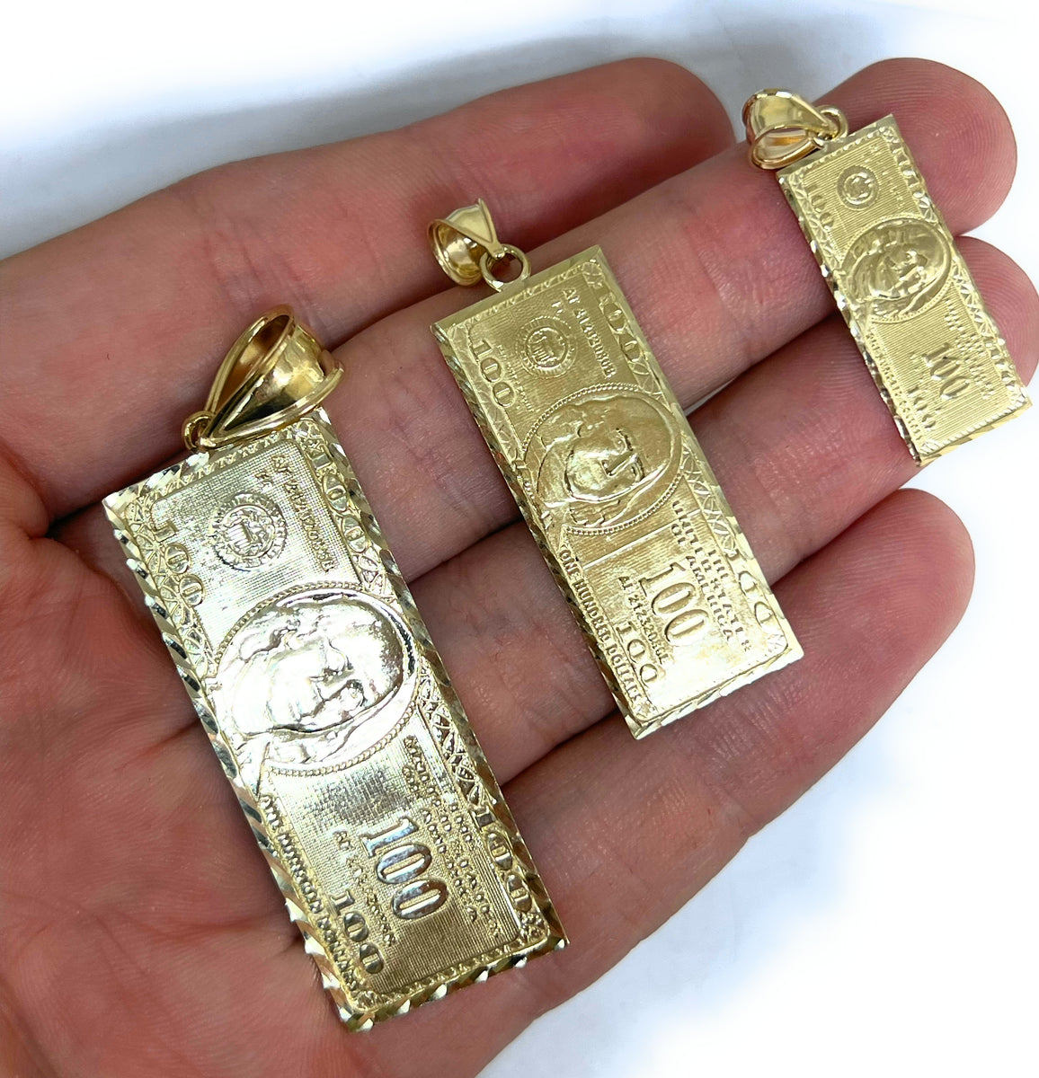 Gold Money Hundred Dollar Pendant bill buy SOLID real 10K Luck Hip Hop 1.50”