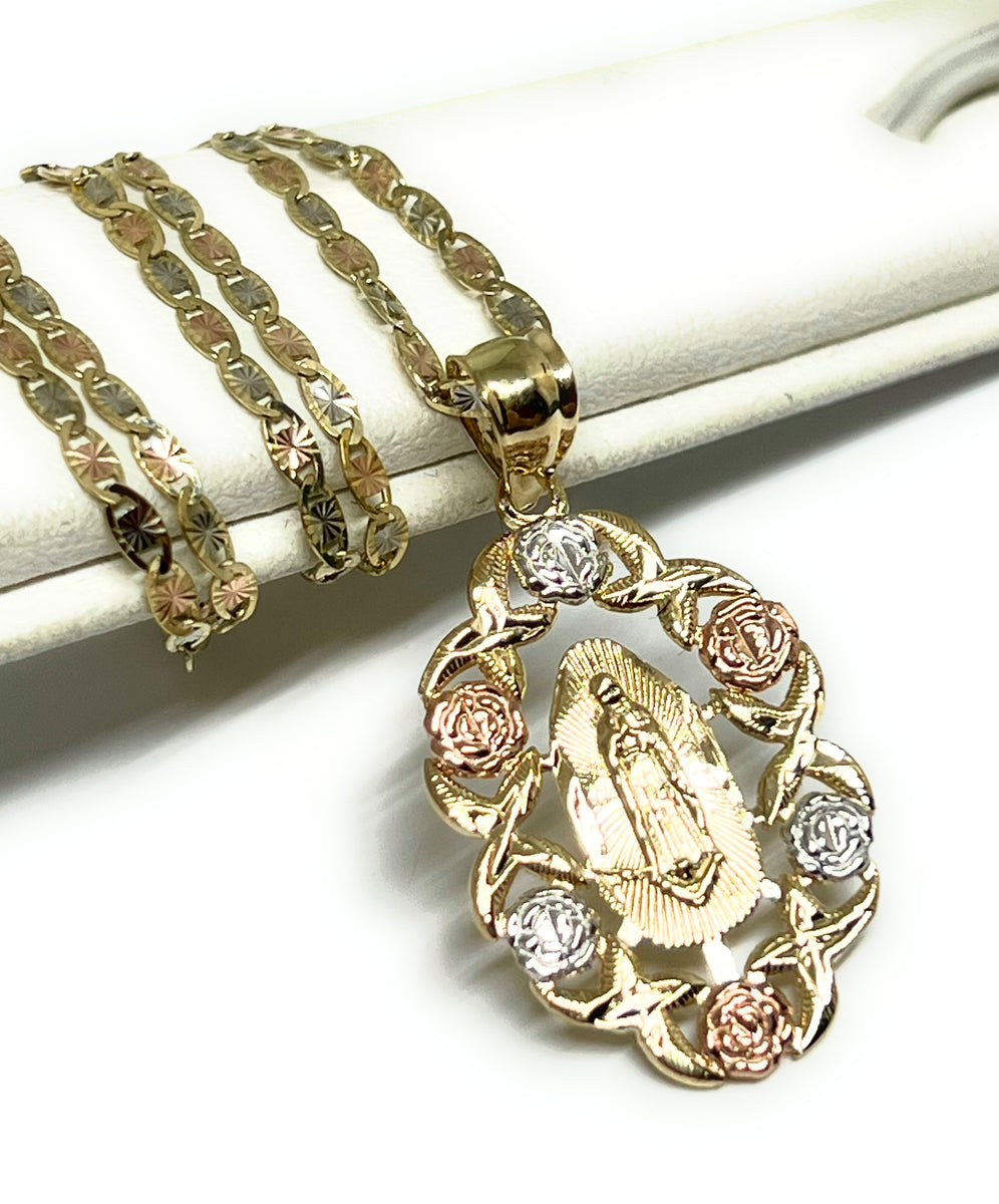 10k Solid Gold Tri Color Virrgin Mary Flower Pendant Necklace Virrgen