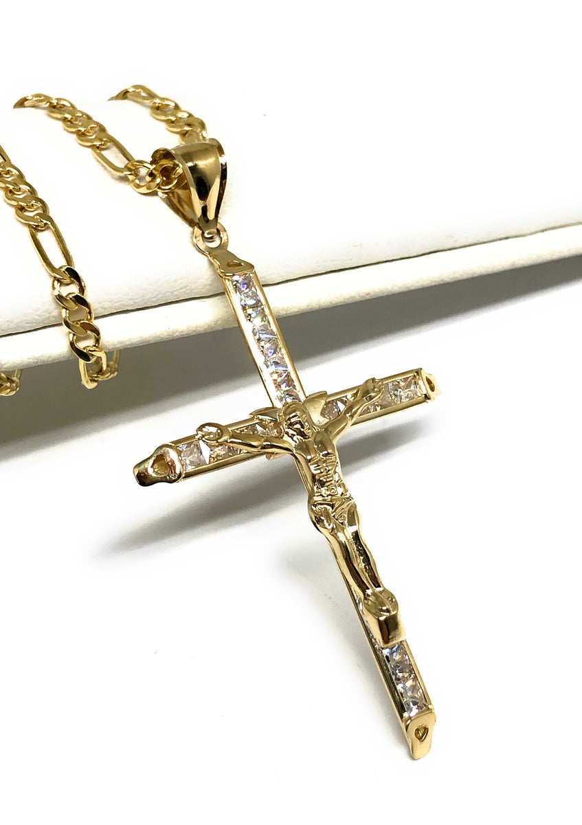 14k Solid Gold Yellow Classic CZ Jesus Cross Pendant Necklace