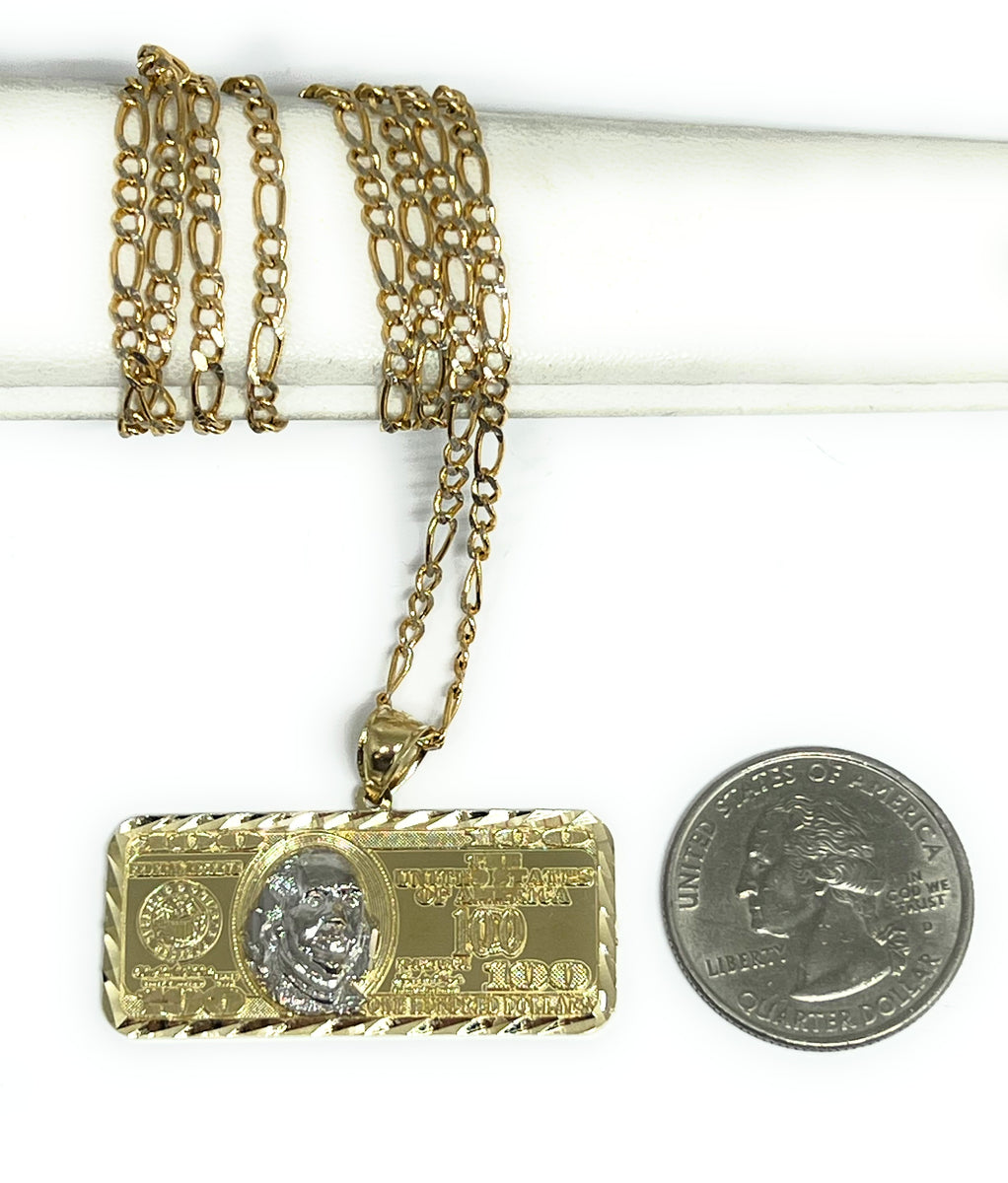 10k Solid Gold 2-Tone 100 Dollar Bill Pendant Necklace