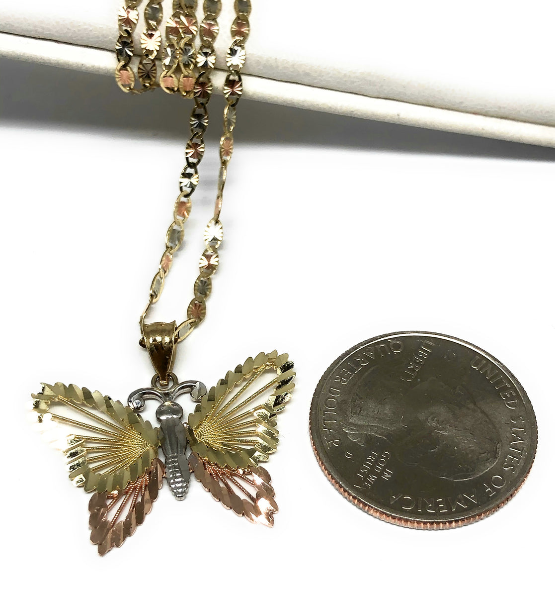 Vintage fashion 10K Gold Turkish Tri-Color Butterfly Necklace