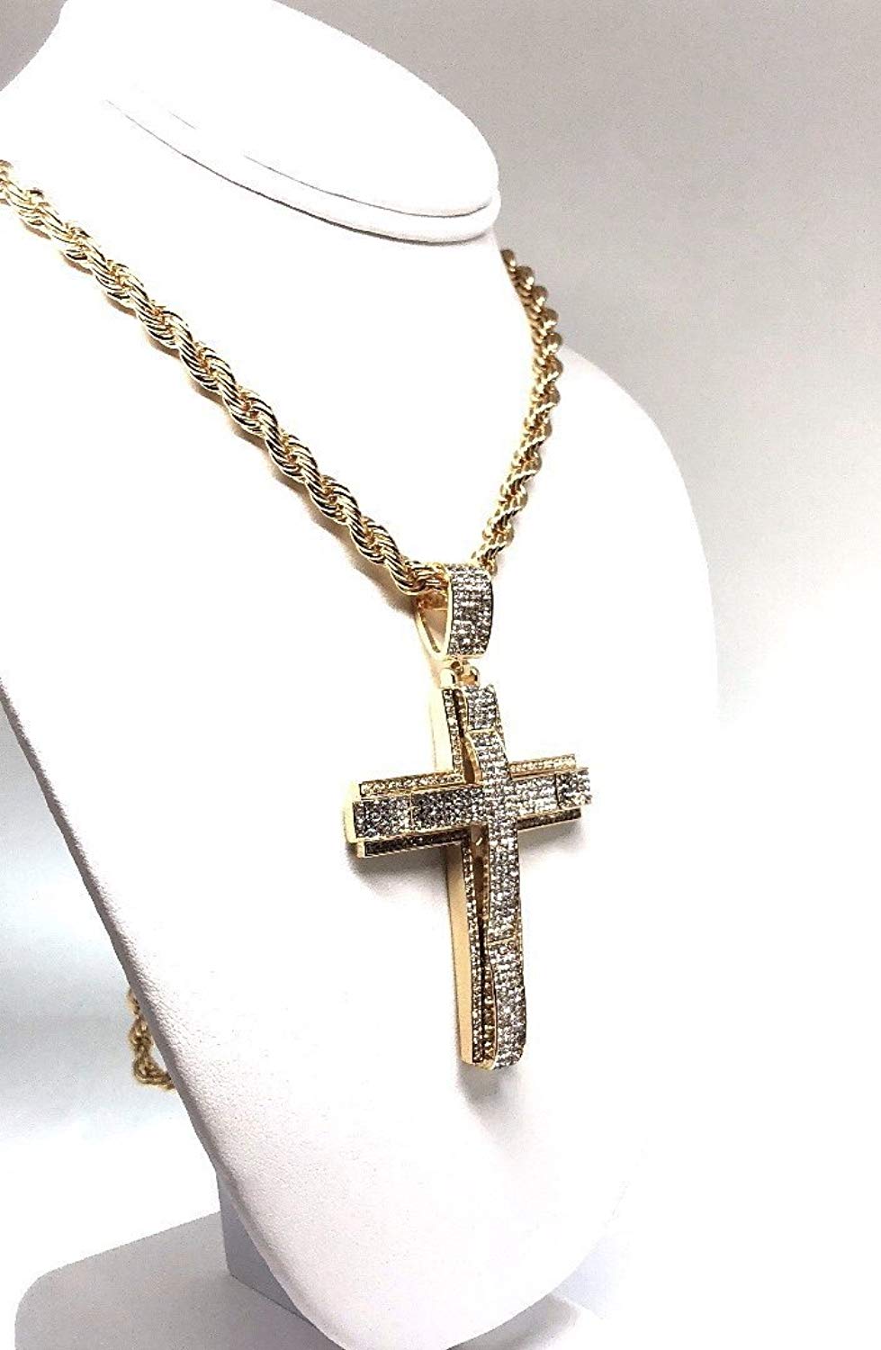 14k Gold Finish Detailed Cross Diamond Hip Hop Pendant W/ Stainless Steel popular Rope Chain, Men's Hip-Hop Pendant, Hip-Hop Jewlery