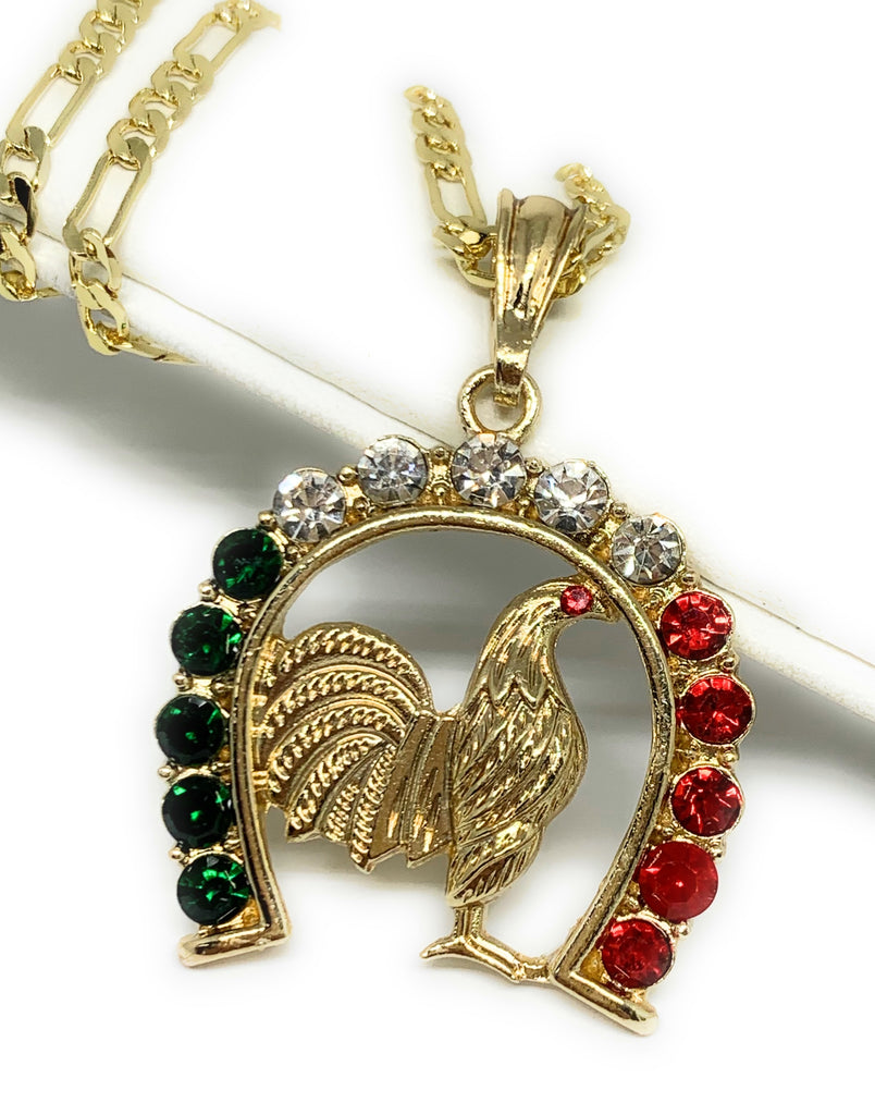 Rooster Chicken 18K Gold Filled Pendant Charm Necklace Gallo Medalla  33x45mm Figaro Mariner Chain 24 Dije de Gallo para la Protección Oro