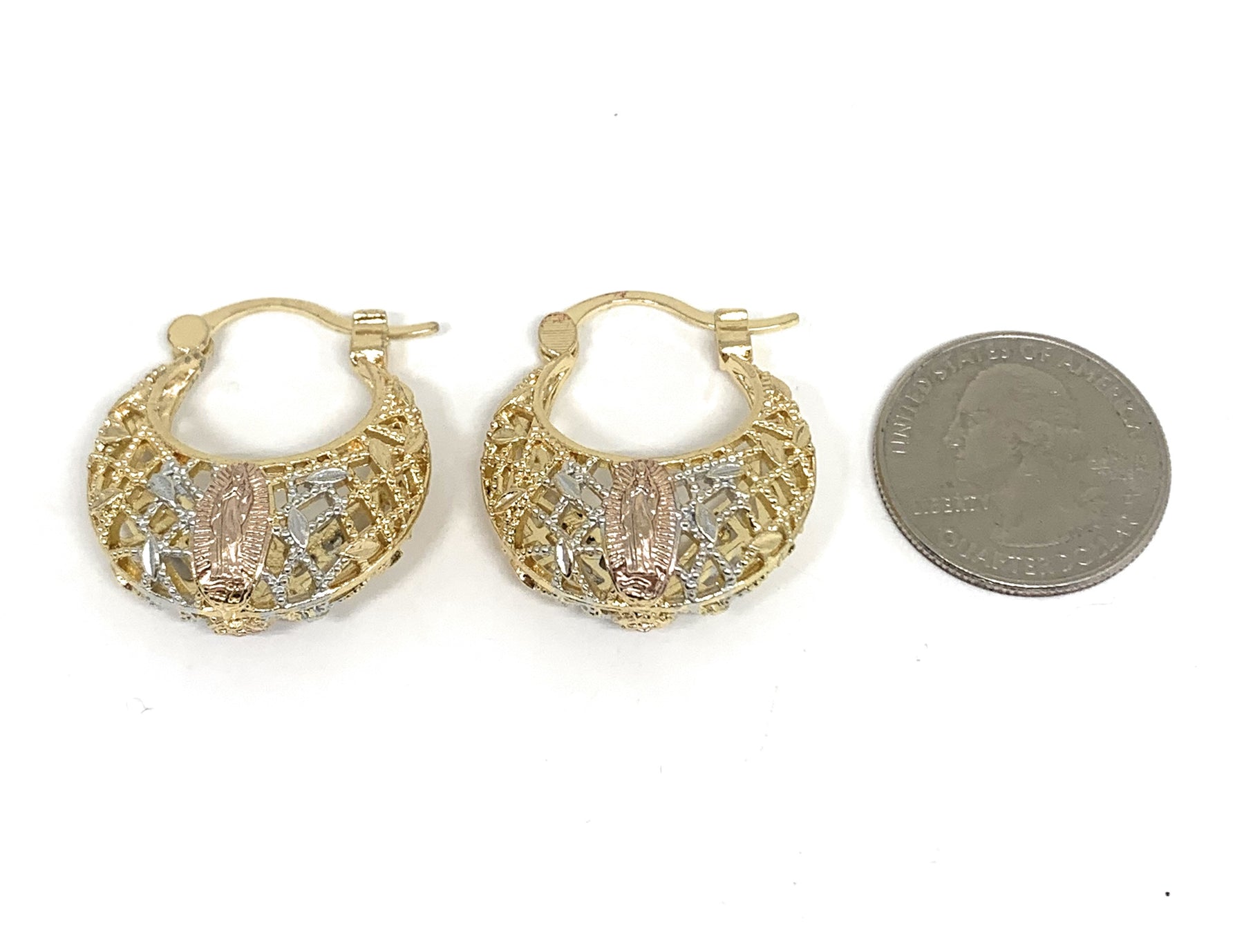 Gold Plated Tri Color Virgin Mary Basket Earrings Virgen Guadalupe Are –  Fran & Co. Jewelry Inc.