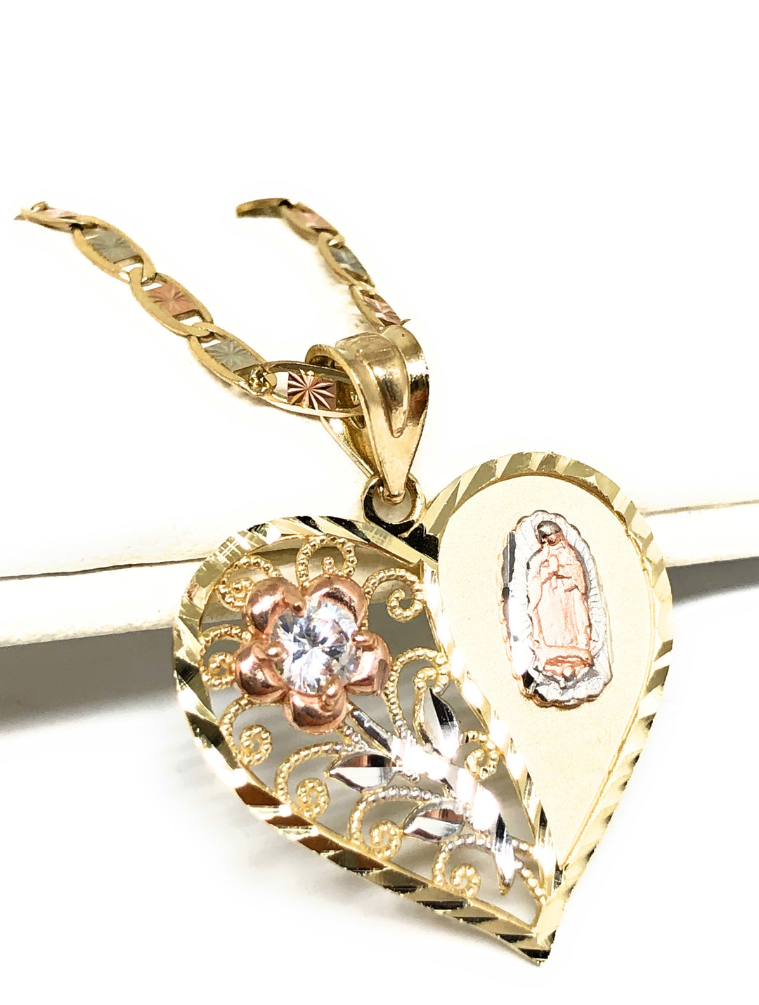 10k tricolor heart necklace! Solid 10k top heart pendant has white gold, rose gold,