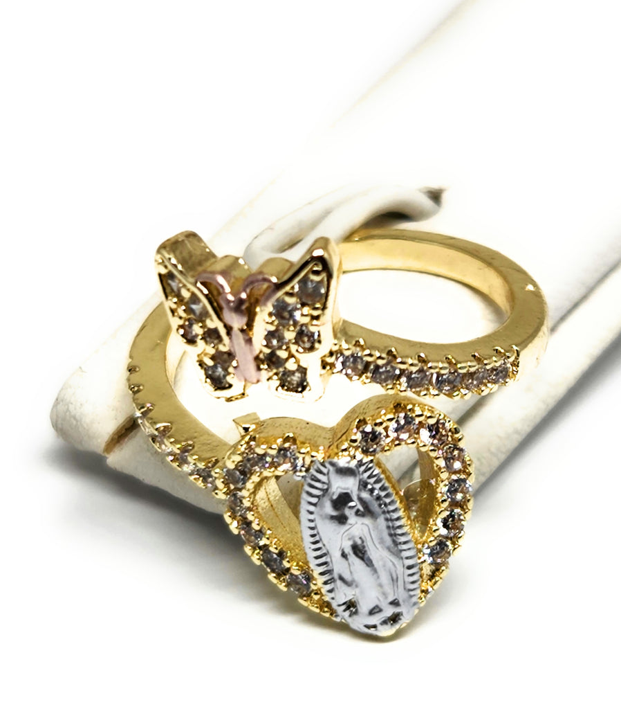 Gold Plated Tri-Color Virgin Mary HEART & BUTTERFLY CZ Ring