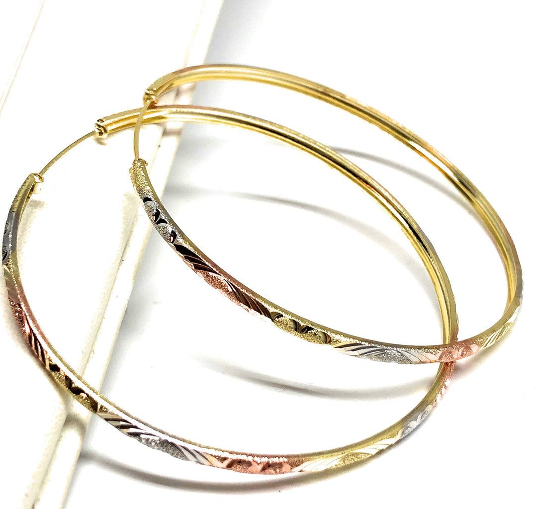 14K Tri-Colored Textured Gold 2024 Hoop Earrings, 60mm x 3mm